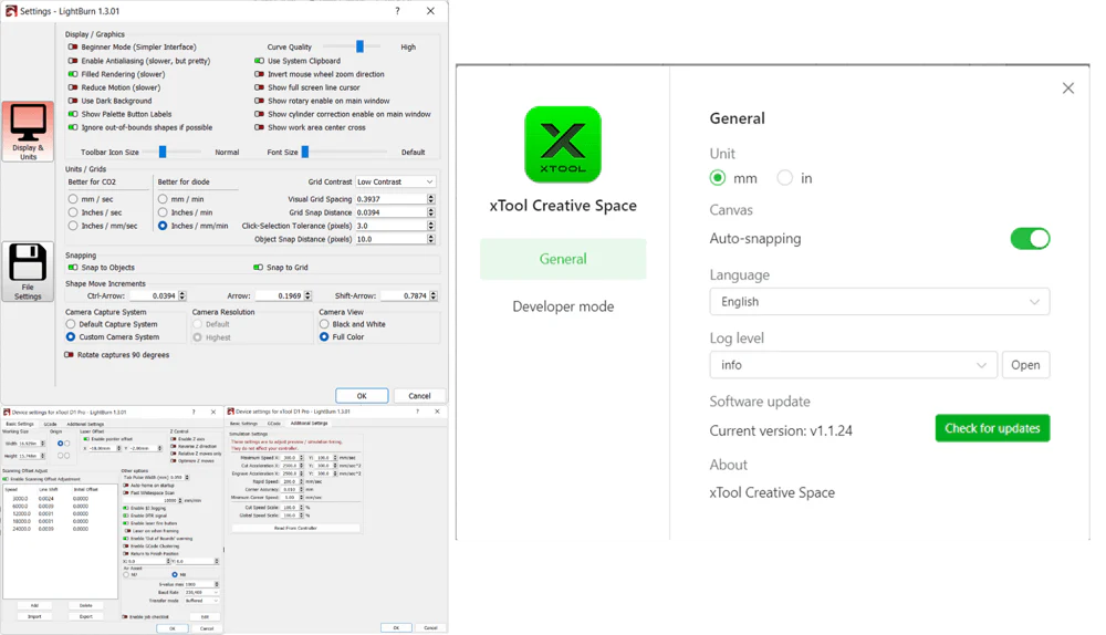 Comparação de configurações xTool Creative Space vs. LightBurn